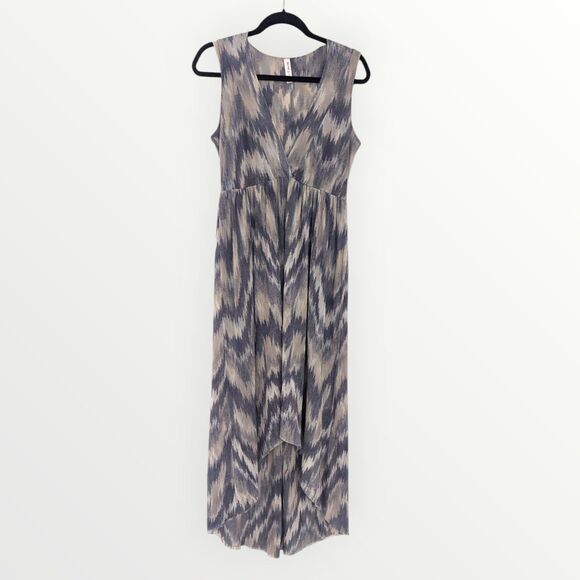 Sweet Pea Y2K Mesh Maxi Dress Medium Ikat Print Empire Waist Gray Beige - Picture 1 of 8